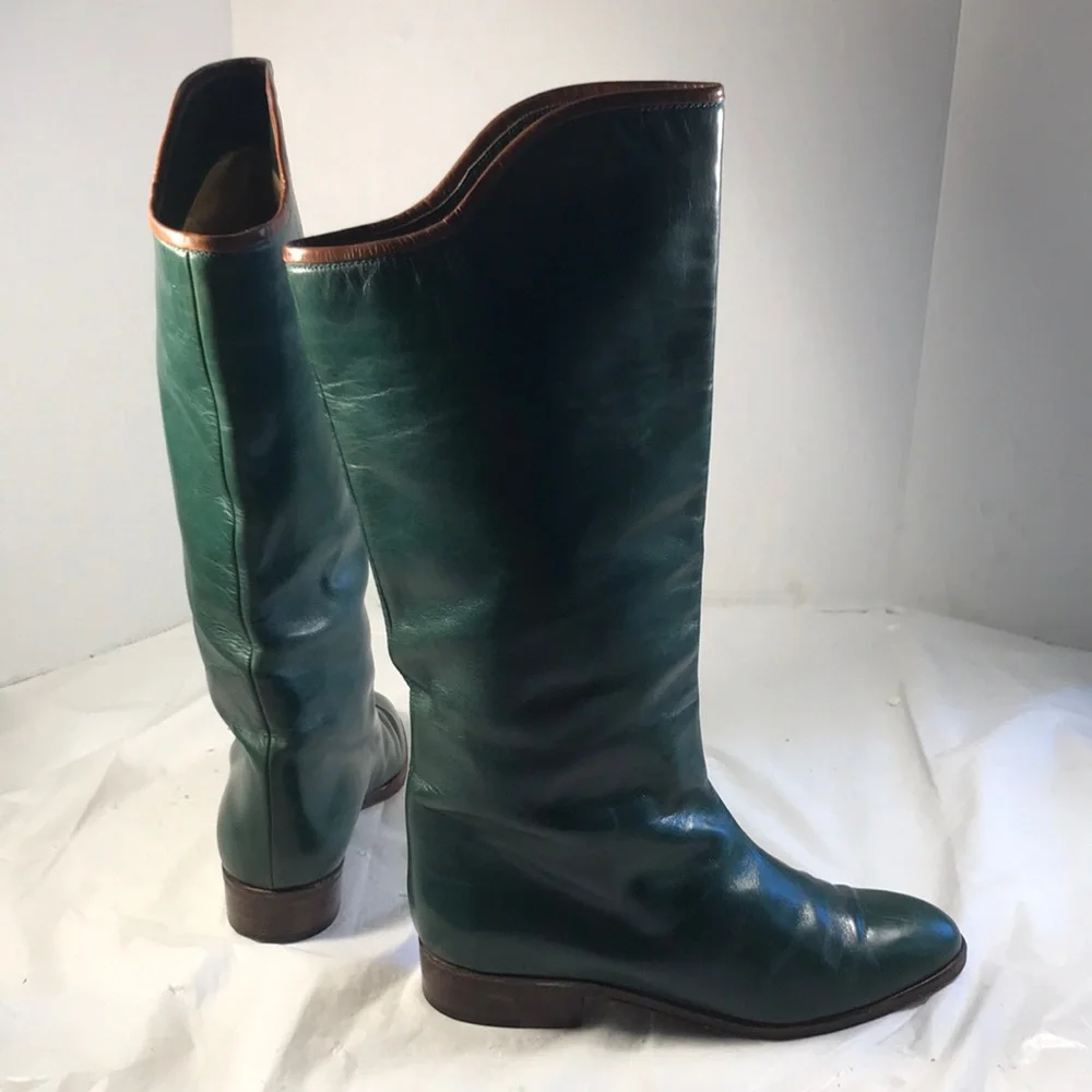 Pollini Vintage Dark Green & Tan Women's 14” Tall Luxury Leather Riding Boots